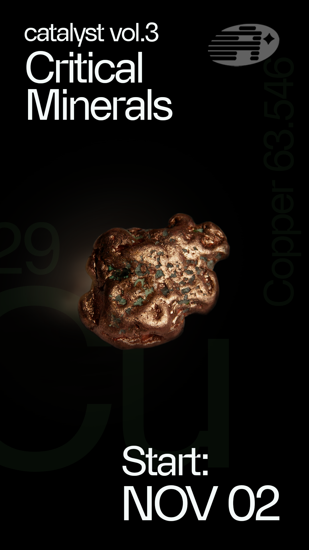 A raw copper specimen with warm metallic surfaces and green mineral patches